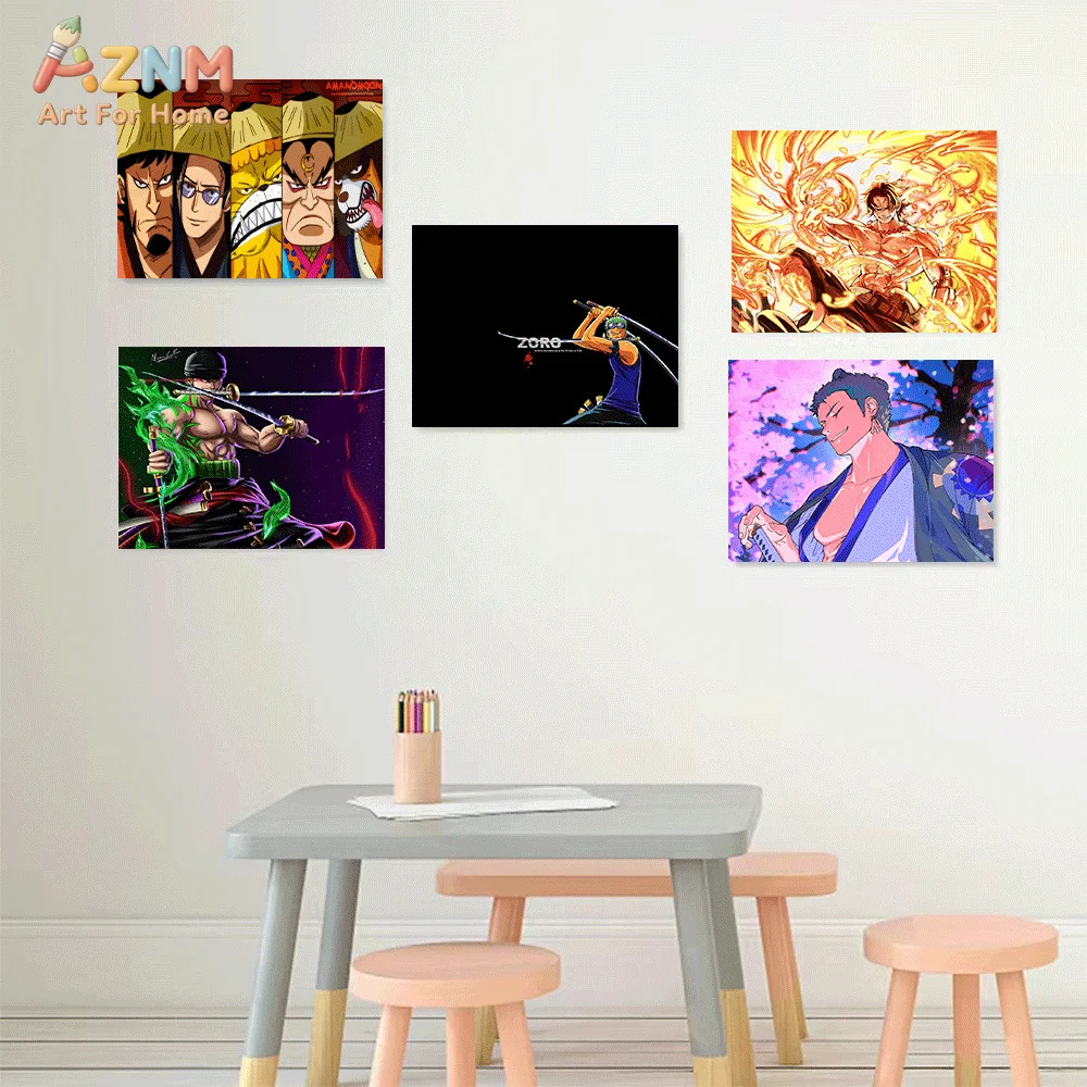 AZNM One Piece Anime Canvas Poster Zoro Ace Luffy Wano Country Nine Red Scabbards Character Art Print Unframed Canvas Painting
