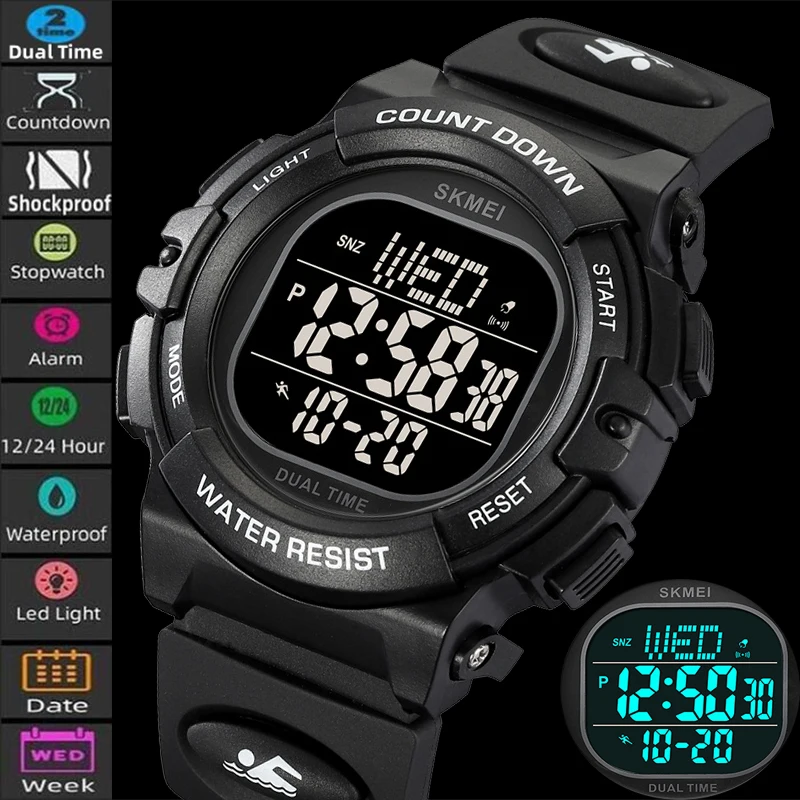 Skmei Student Gift Digital Watches Fashion TPU Strap 50M Waterproof Swimming Sports Wristwatch LED Light Chronograph Dual Time