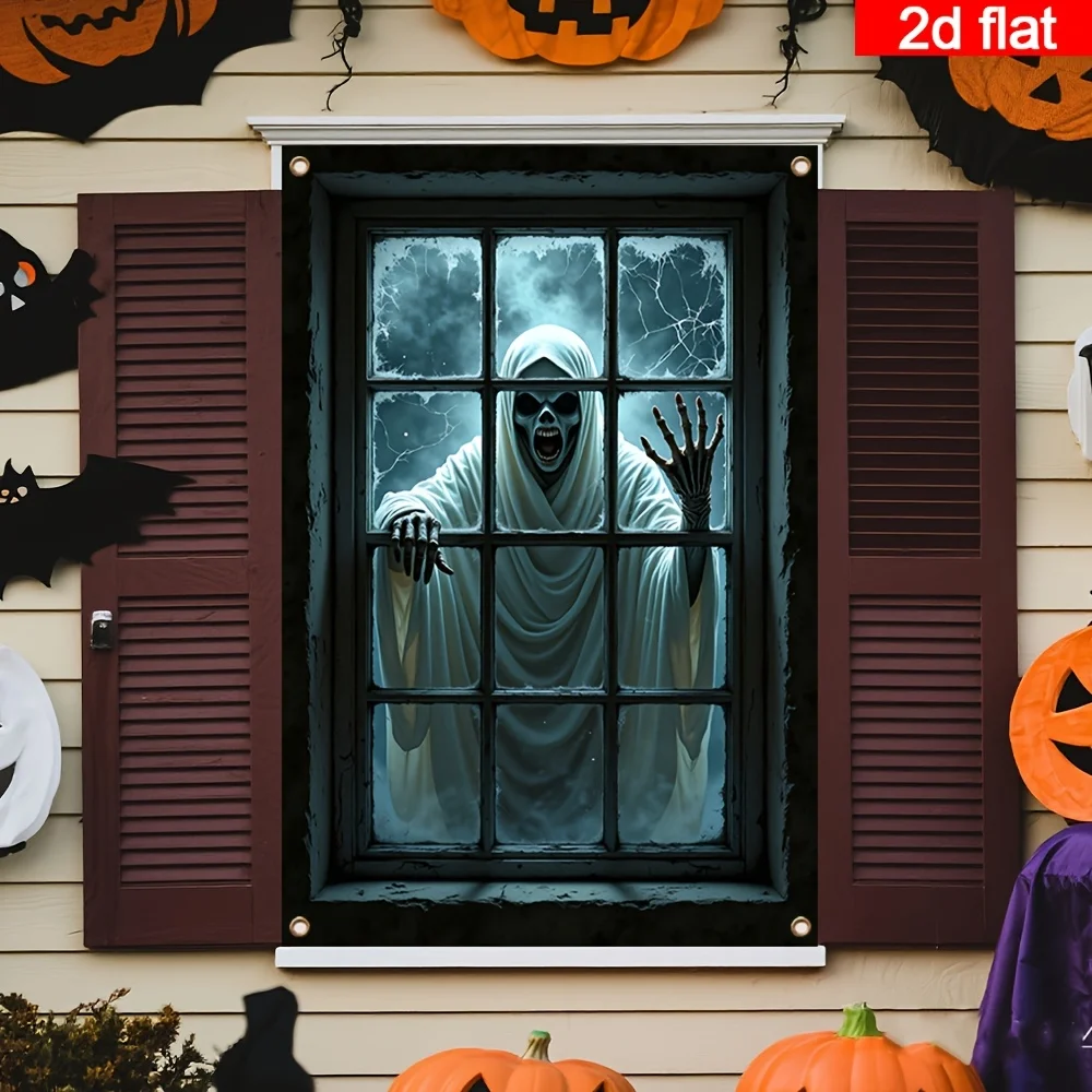 Halloween-Fensterparty-Banner – Es gibt erschreckende Totenköpfe aus Polyester und Halloween-Dekorationen außerhalb des Fensters