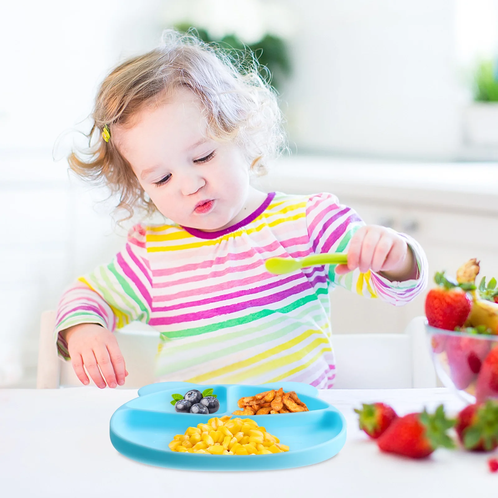 จานซิลิโคนสำหรับเด็กเล็ก 1 ชิ้น พร้อมฐานดูดกันลื่น แบ่งช่องใส่อาหารเสริม จานอาหารเด็ก จานซิลิโคนสำหรับเด็ก