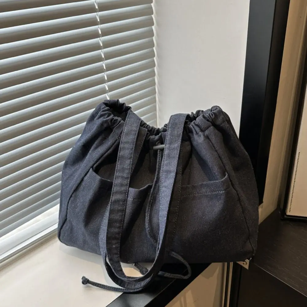 

Simple Large Capacity Oxford Drawstring Shoulder Bag Leisure All-match Denim Tote Bag Casual Cowboy Canvas Bucket Bag Travel
