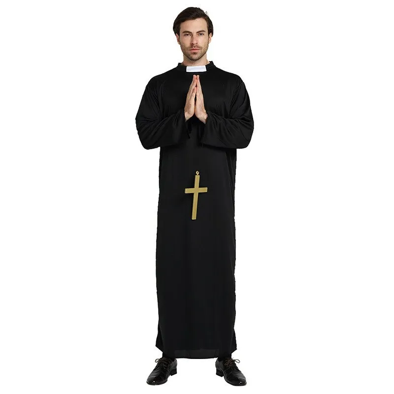 성인 모든 검은 가운 대부 역할 놀이 의상 크로스 목사 선교사 할로윈 의상 무대 공연
