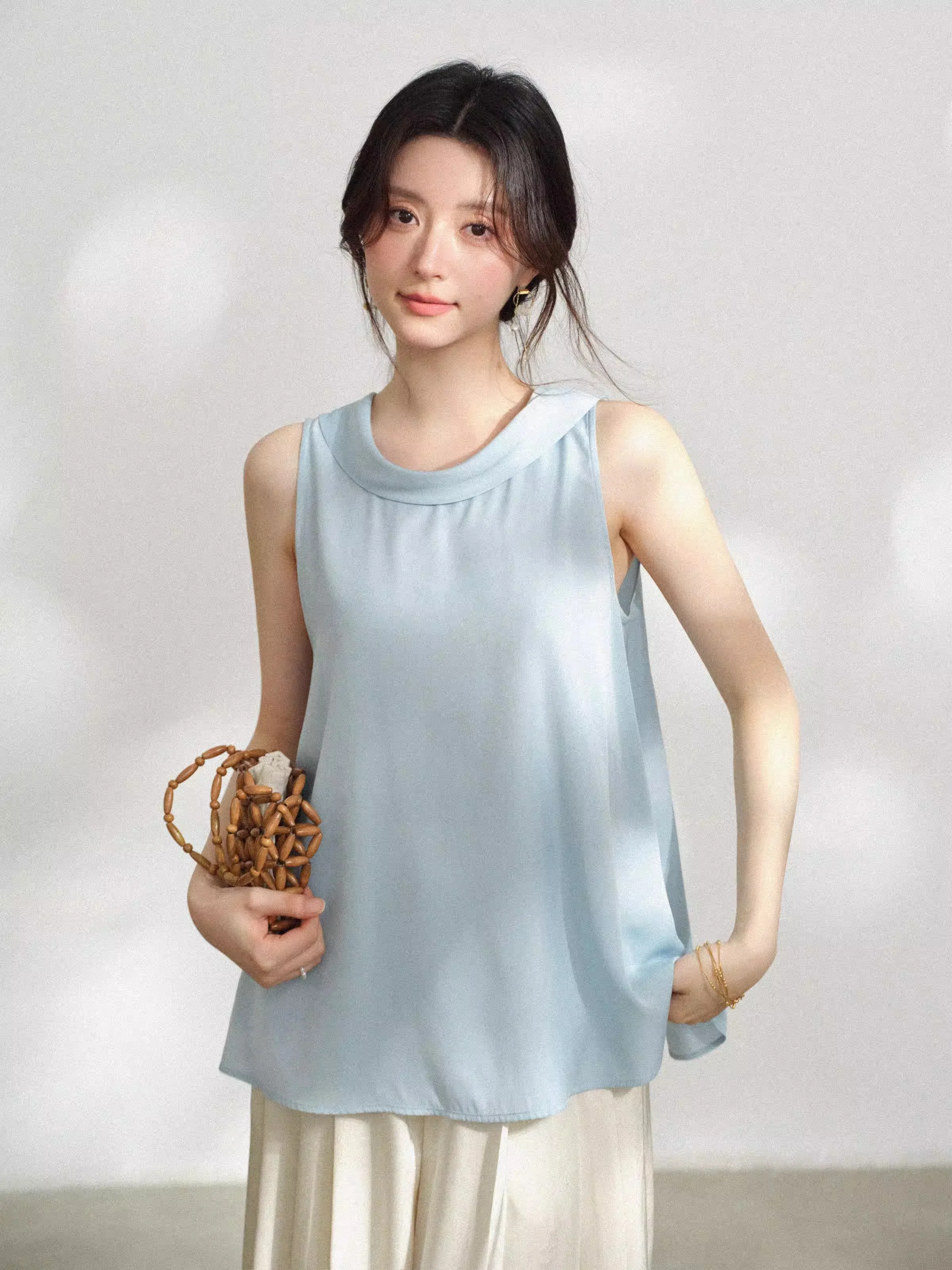 Women Sleeveless Cowl Neck Camisole Loose Fit A Line Top Elegant Tank Summer Casual Soft Blouse French Style Lady Daily Wear