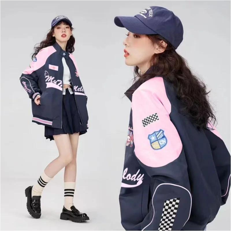 In stock Sanrio Y2k Cinnamoroll Racer Jacket Kawaii Biker Jacket Pants Punching Cartoon Female Loose  Windproof Couple Clothes