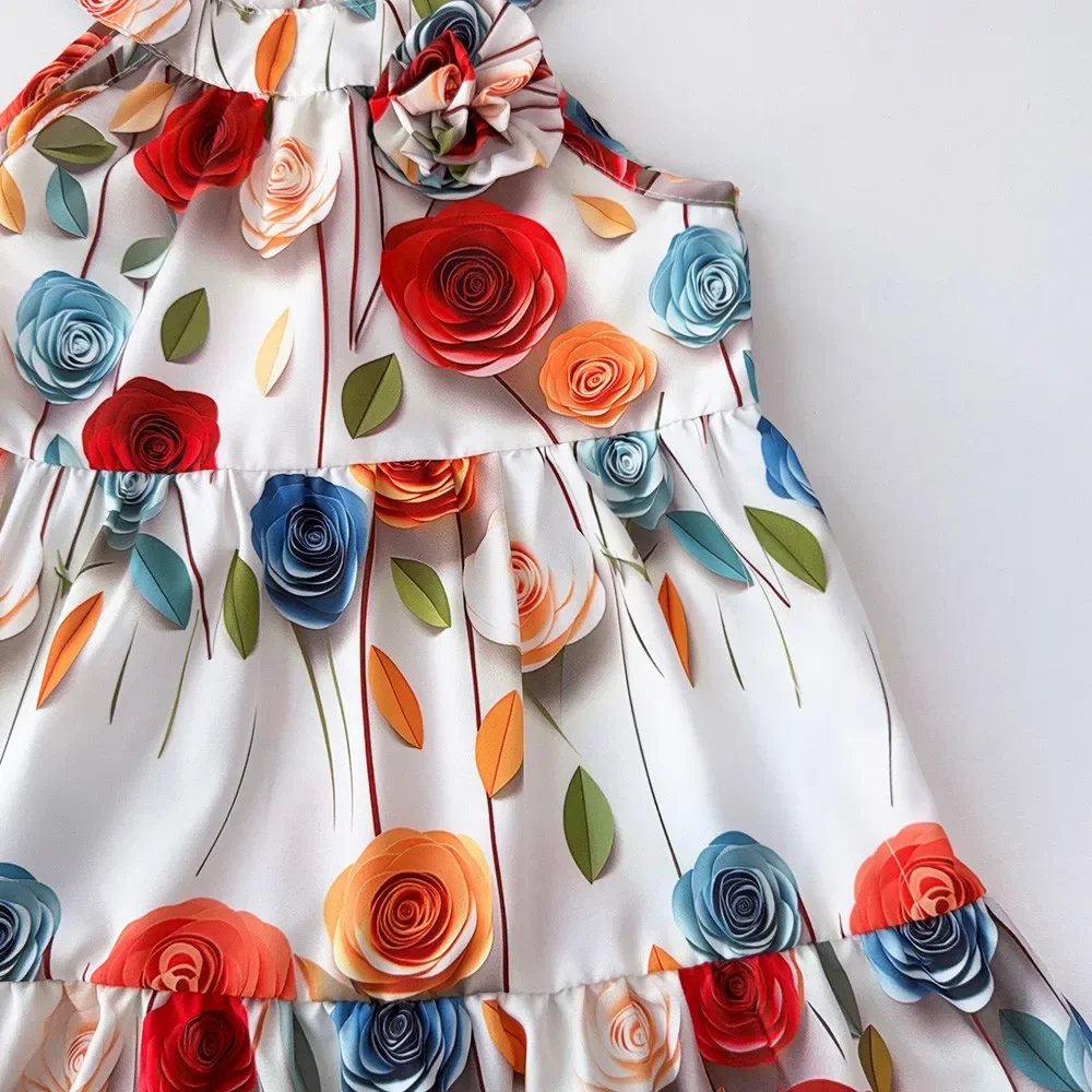 صيف جديد 3-7 سنوات فتاة عطلة السببية ثلاثية الأبعاد الأزهار طباعة الرسن فستان الأميرة 1 قطعة النسخة الكورية موضة الاطفال الملابس الحلوة