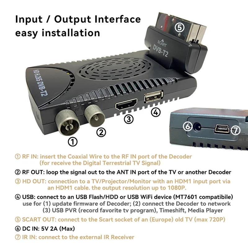 

B49C DVB-T2 Цифровой бесступенчатый ТВ-декодер Full HD с функцией декодирования EPG H. 265/HEVC Адаптер питания европейского стандарта Телеприставка EU P