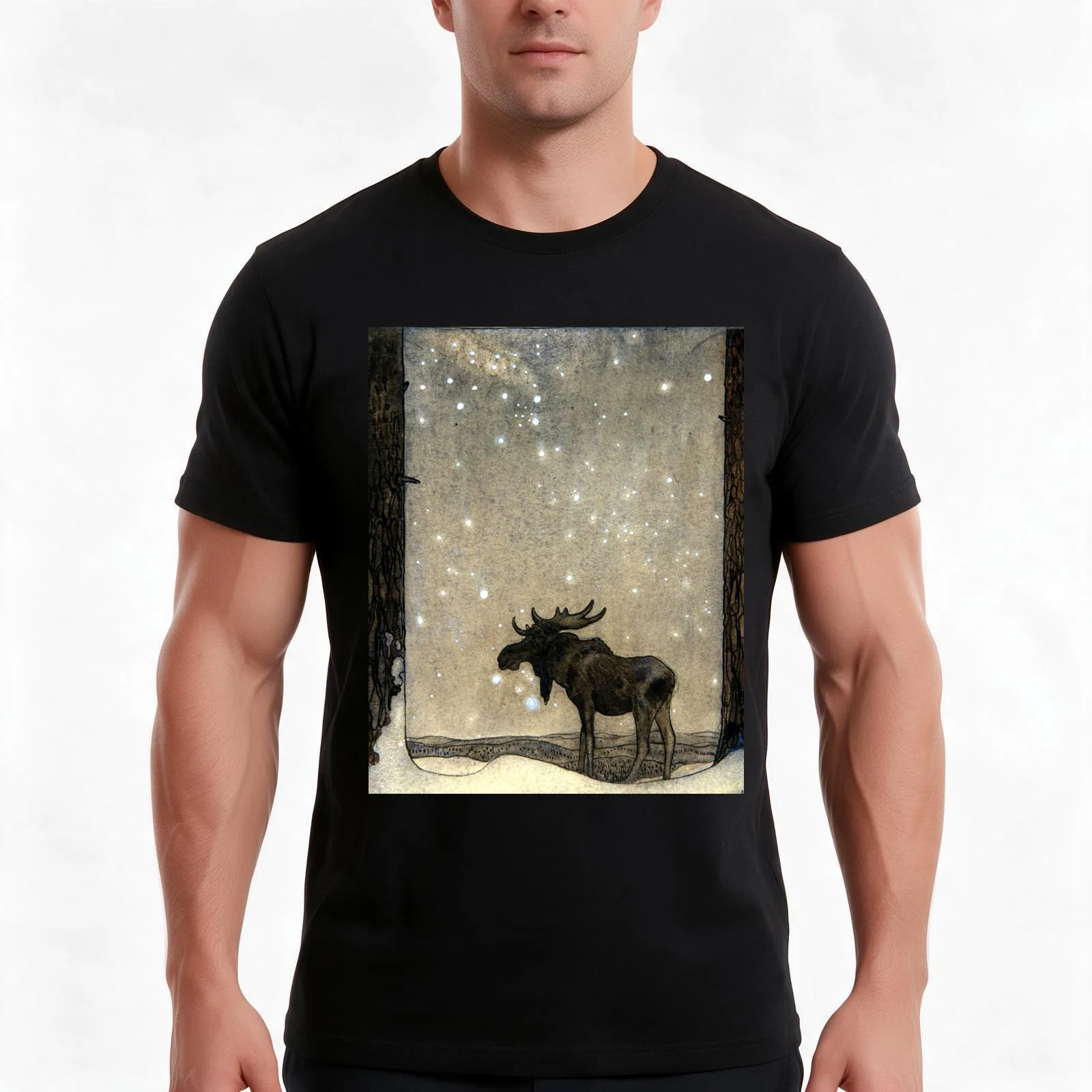 Leap the Elk in the Snow at Night - John Bauer T-Shirt Summer Casual Cotton Tee Oversized Streetwear Tops Unisex Men Women