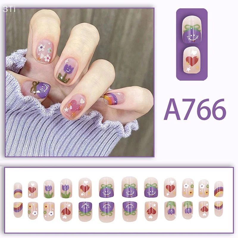 24 шт., летние накладные ногти с фиолетовым цветком и короткой квадратной головкой, съемные готовые накладные ногти, накладные ногти с клеем