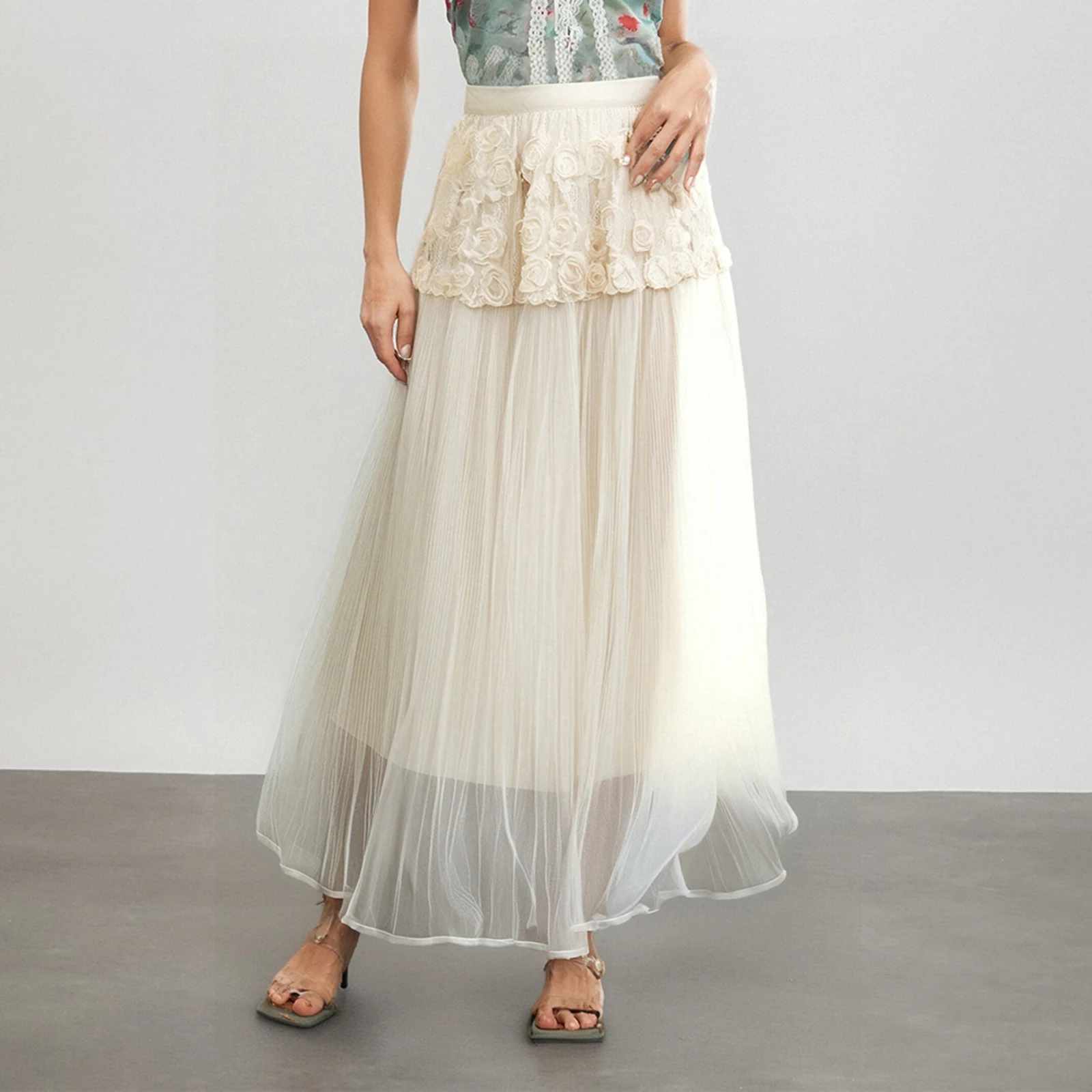 

Elegant Women's 3D Floral Appliques Soild Color Tulle Skirt High Waist A-Line Long Flowy Skirt for Summer Spring