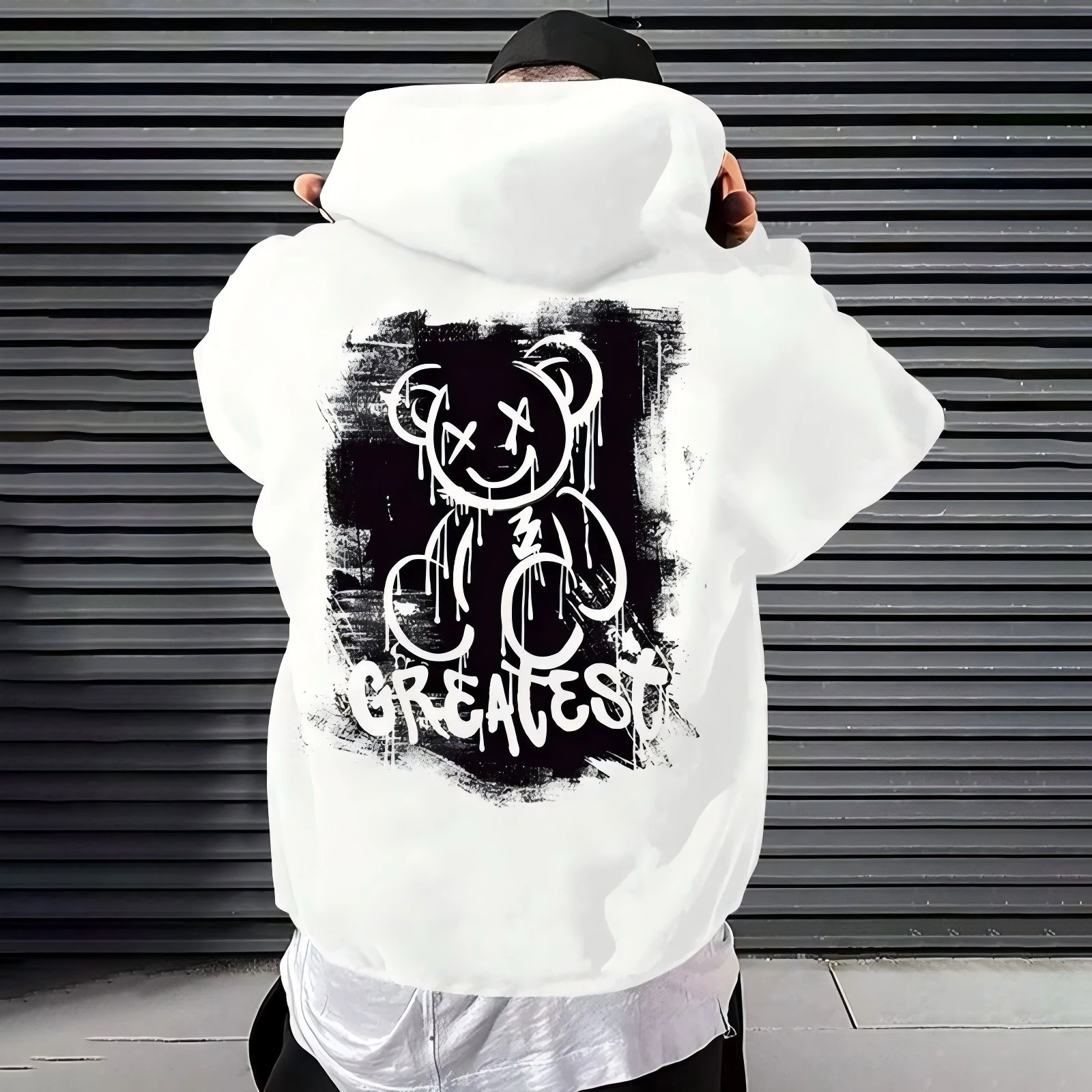 Herren Teddybär-Buchstabendruck Lockerer Bequemer Langarm-Kapuzenpullover für Herbst/Winter Street-Trend Freizeitkleidung – Detail 2