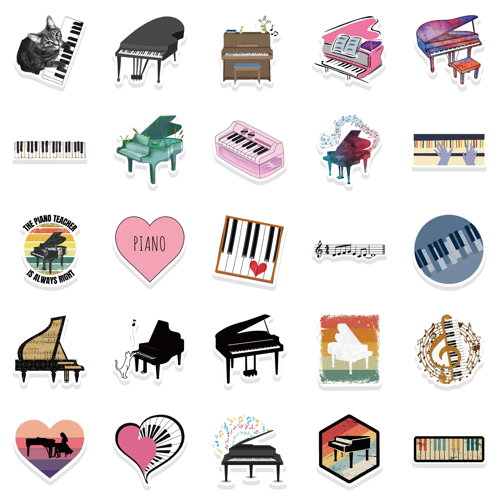 Impermeável PVC Cartoon Reward Sticker para Crianças, Piano, Instrumento Musical, Graffiti, Capacete, Skate, DIY, Brinquedo, 10 Pcs, 30 Pcs, 50Pcs