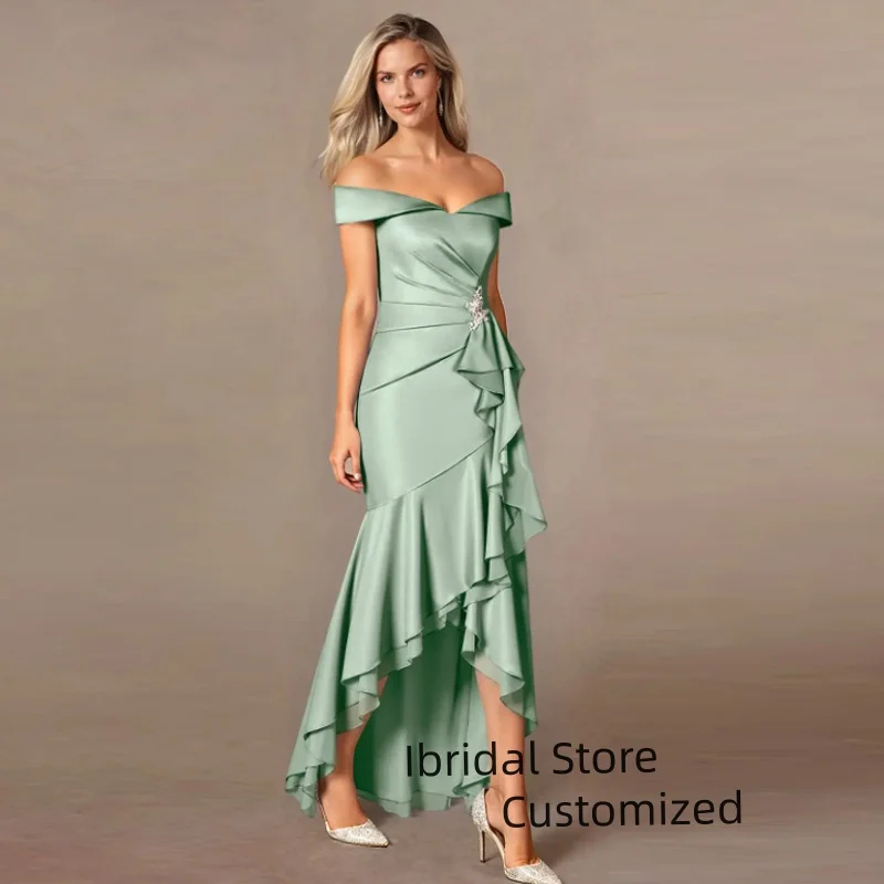 Customized Elegant  Ruffles Mother of the Bride Dress Classic Off the Shoulder High Low Mermaid Chiffon Robes Invitee Mariage