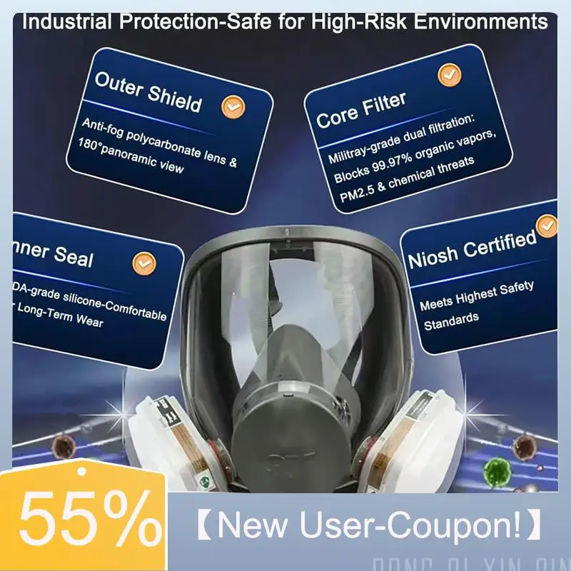 Happy New- Professional 6800 Series Full Face Respirator Mask With 6001&2091 Filters, Reusable Silicone Seal And Bayonet Connect