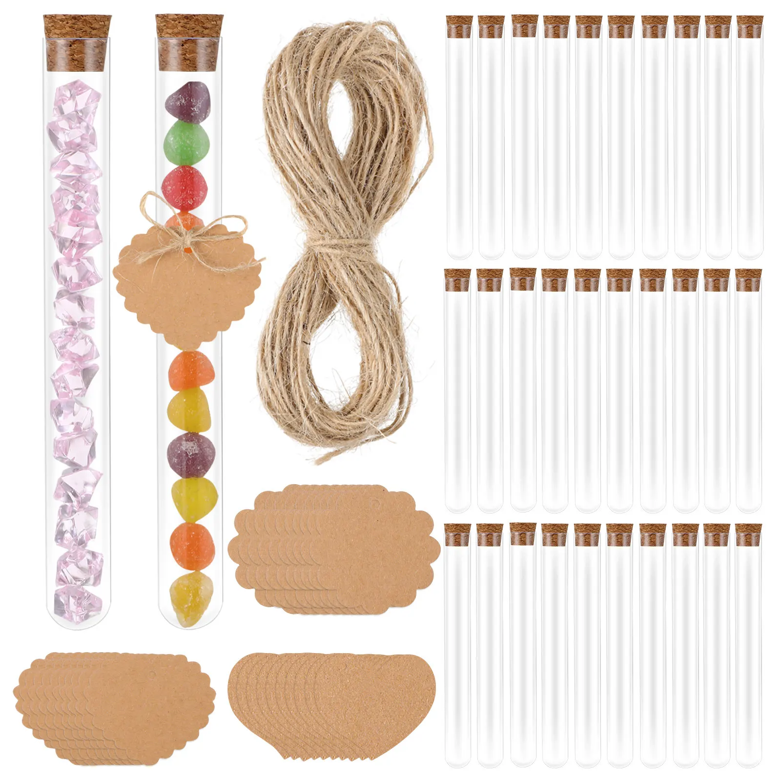 30Pcs Plastic Test Tube Set Cork Stoppers Clear Sealing Bottles Labels Hemp Ropes DIY Craft Container Storage Kit