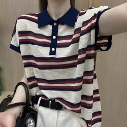 Women's Summer Pullover Polo-Neck Contrast Color Short Sleeve Striped ButtonKnitted Thin T-shirt Office Lady All-match Tops