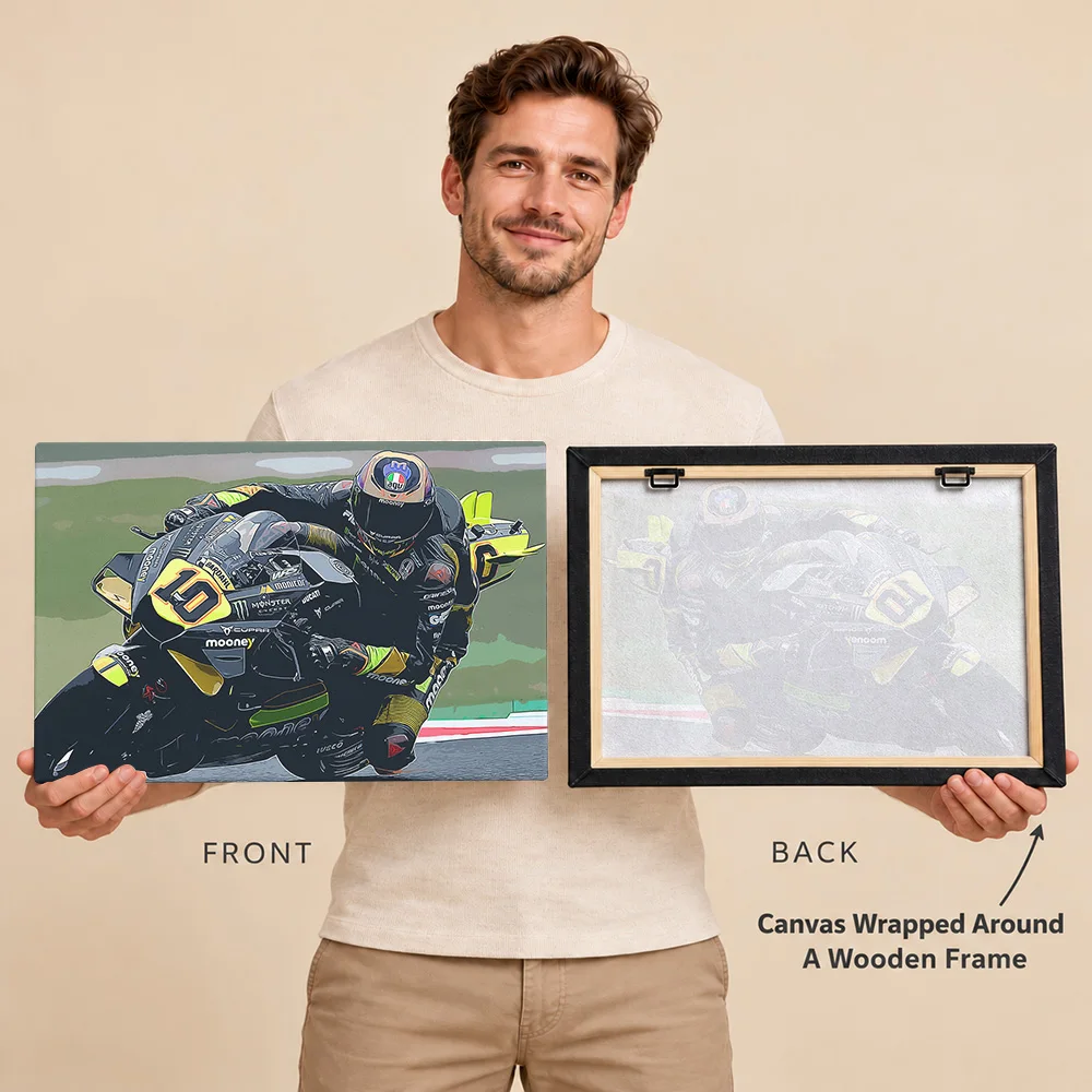 Luca Marini Rider Canvas Print With Wooden Frame Personalized Photo Trackside Lean Angle Wall Art For Man Cave Birthday Gift