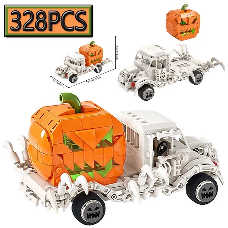 MOC 328PCS Creative Wacky LED Skull Pumpkin Car DIY Building Blocks Assembly Car Model Puzzle Toy Halloween Gift
