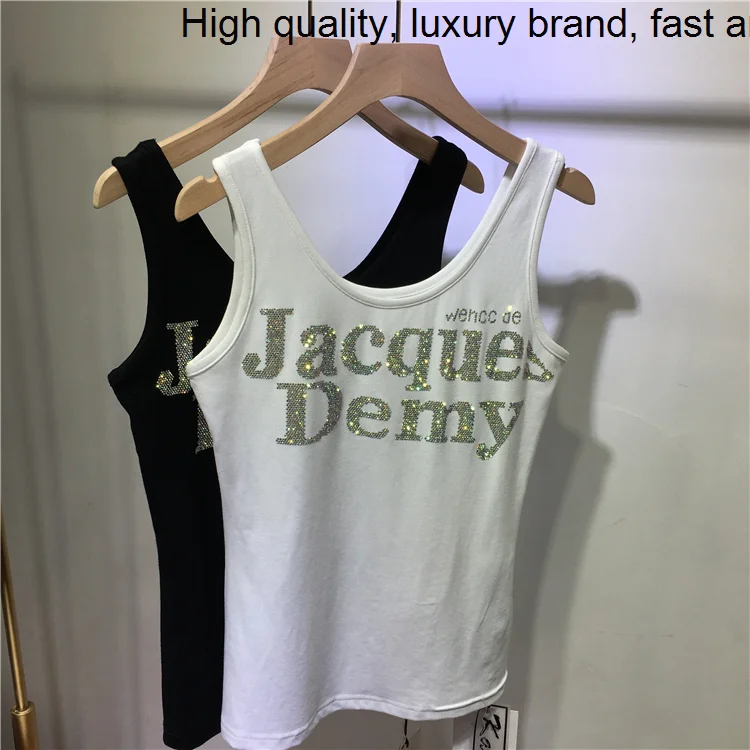 

Cotton Women Pure Bottoming Tops 2023 New Fashion Sparkling Letters Hot Drilling Sleeveless T-shirt Chest Wrap Black Tanks Top