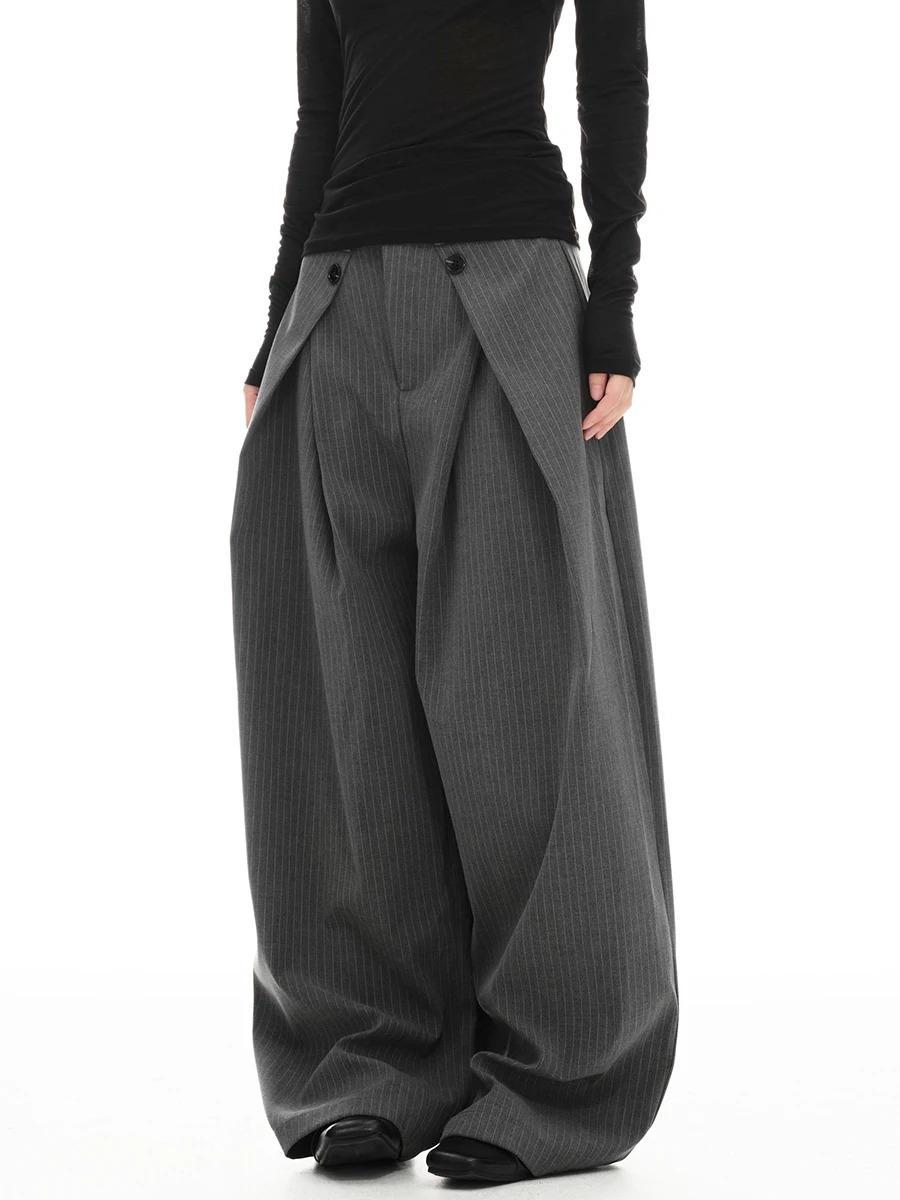 REDDACHiC Calças femininas listradas de pernas largas com bolsos para trabalho casual solto Cleanfit calças de terno plissadas escritório unissex bottoms