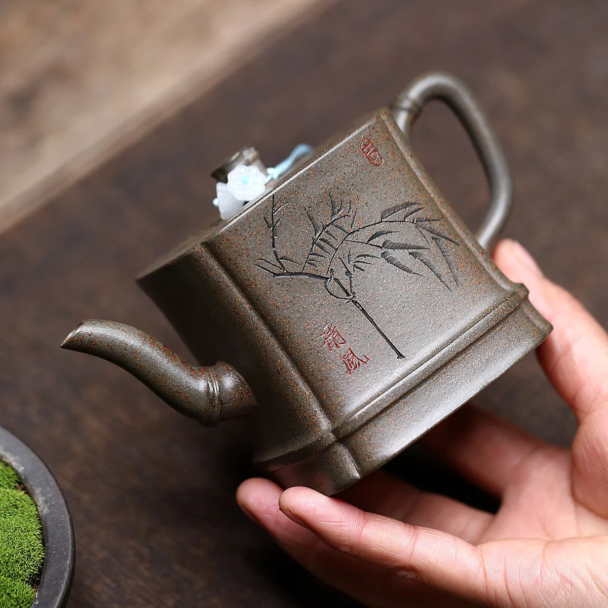 Handmade Yixing Purple Clay Teapot Famous Card Cover Ore Crabshell Green Square Bamboo High-End Exquisite 300C