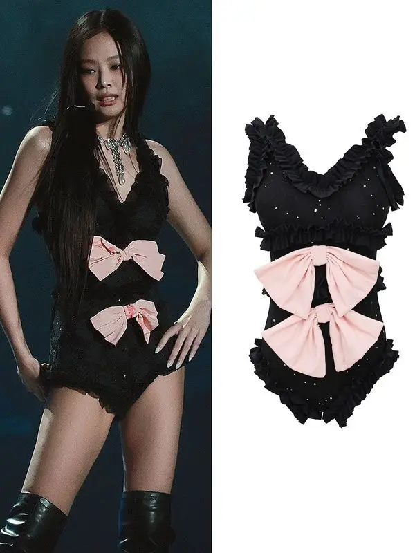 

Jinzhini Jennie's black stage tight fitting sleeveless ruffled bow jumpsuit shorts for women's fashion