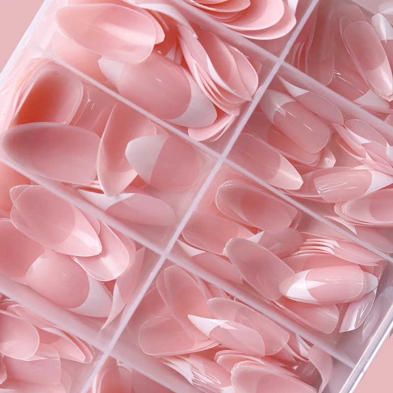 120/240/360 stks/doos Glanzende Zachte Gel Roze Franse Nagel Tips Medium Amandel Wit Eenvoudige Druk op Nagels Enorme Capaciteit Kunstnagels