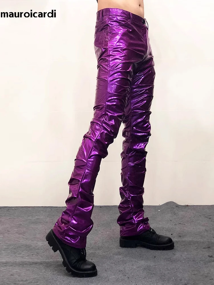 Mauroicardi Purple Green Shiny Reflective Skinny Stretchy Faux Leather Stacked Pants for Men Sexy Latex Trousers Y2K Streetwear