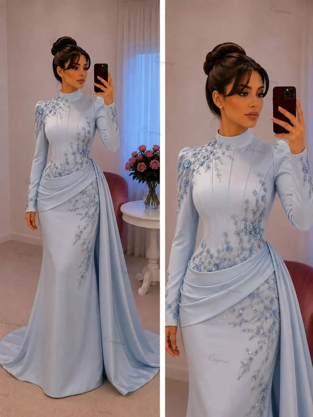 Maßgeschneiderte Bescheidene Muslimische Abendkleider Meerjungfrauen-Schnitt Applikationen Perlen Robes De Soirée Lange Ärmel Dubai Formelle Partykleider 2027