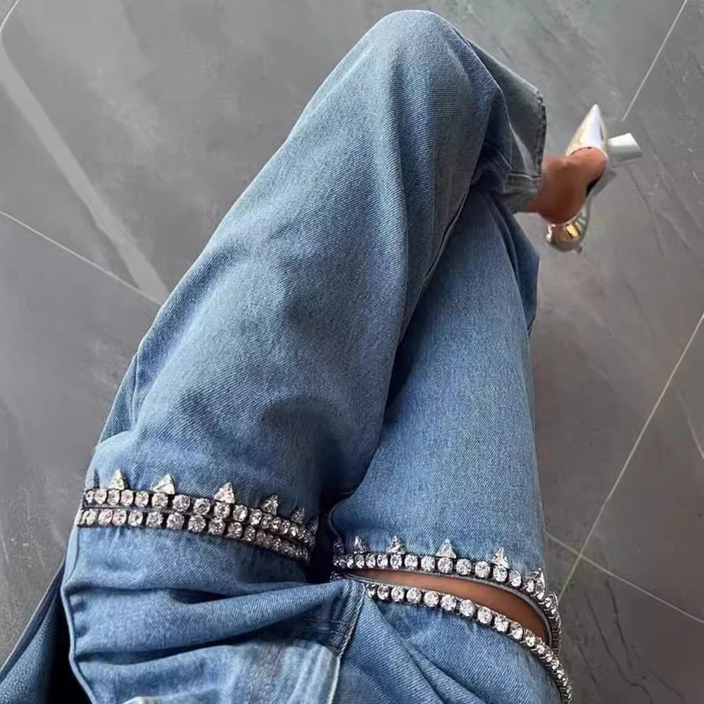 Chic Women Hollowed Out Diamonds Beaded Holes Jeans Rhinestones Straight Denim Pants Crystals Cowboy Trousers Loose Pantalones