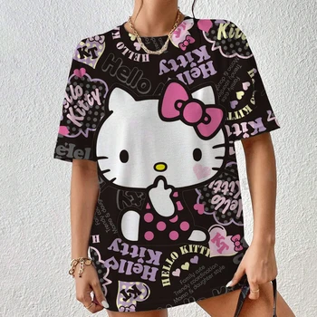 Hello Kitty 50. Yıldönümü Baskı T Shirt Kadın Kawaii Sanrioed Harajuku Üstleri Siyah Kısa Kollu Kadın T-shirt Sokak Giyim