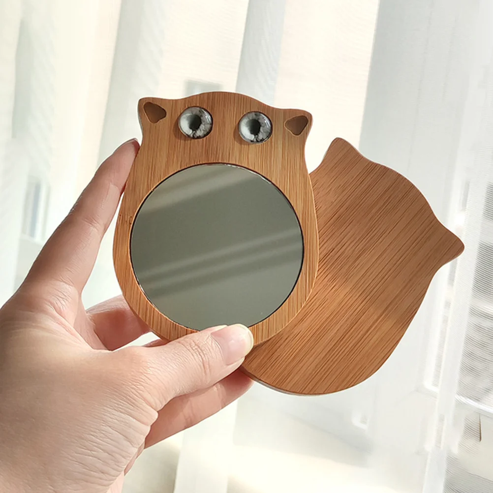 2 szt. Przenośne Mini Lusterko do Makijażu dla Kota, Kompaktowe Lusterko Kieszonkowe z Drewnianą Ramką, Akcesoria do Makijażu Podróżne na Zewnątrz, Przejrzyste