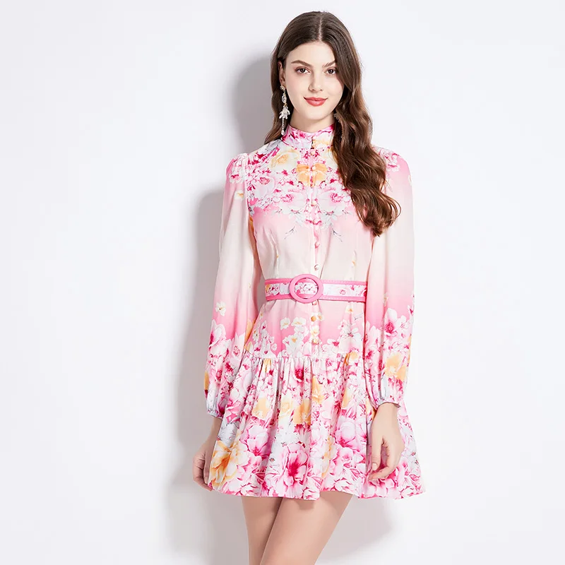 

2025 Spring Autumn Vacation Floral Oil Painting Style Short Dresses Women's Stand collar Lantern Sleeve Belt Slim Mini Dress