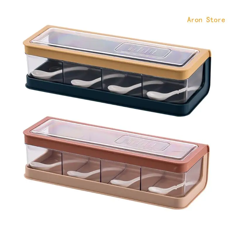 

4 Compartment Seasoning Box with Spoons Storage Container Kitchen Jars Can H3CF