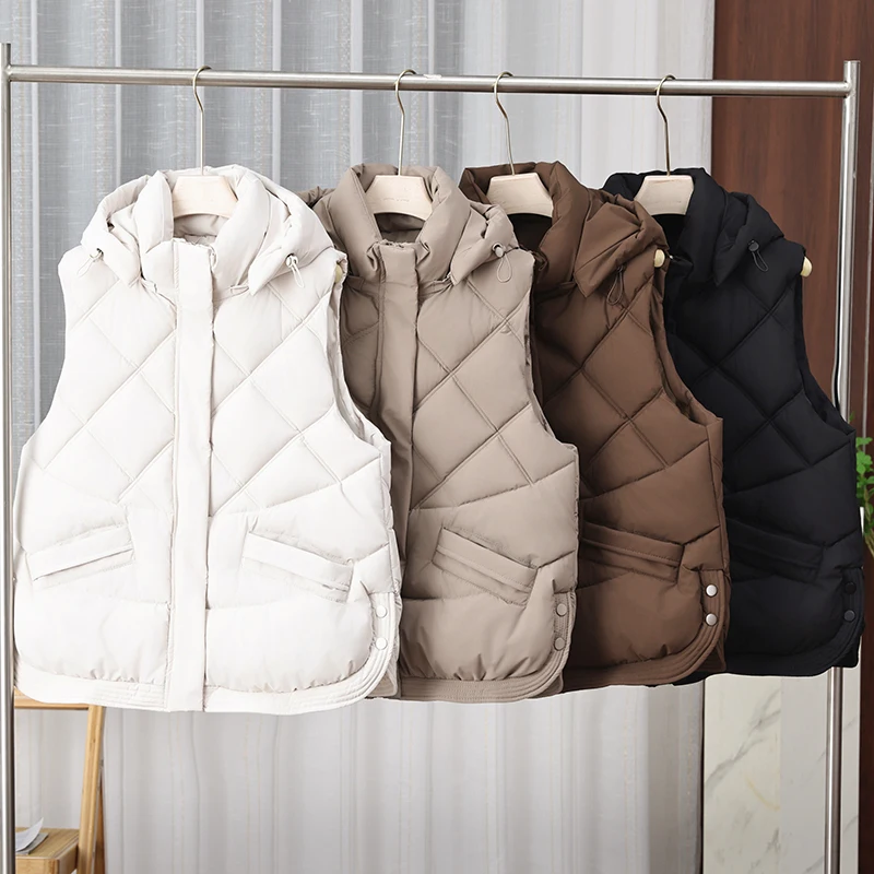 

Winter New plus Size Women's Jaet Vest Detachable Hat down Cotton Vest ort Sle Strong Warmth Index Polyester Fiber