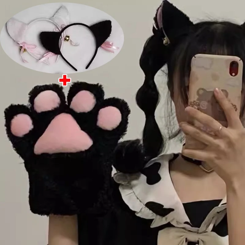 2pcs Cute Cat Claw Paw Plush Mittens Hairband Warm Soft Plush Short Fingerless Fluffy Bear Cat Gloves Costume Half Finger Gift