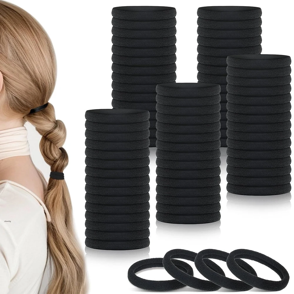 100Pcs Black Elastic Hair Ties Thick Seamless Hair Bands No Damage Soft Ponytail Holders Hair Accessories for Girls Women
