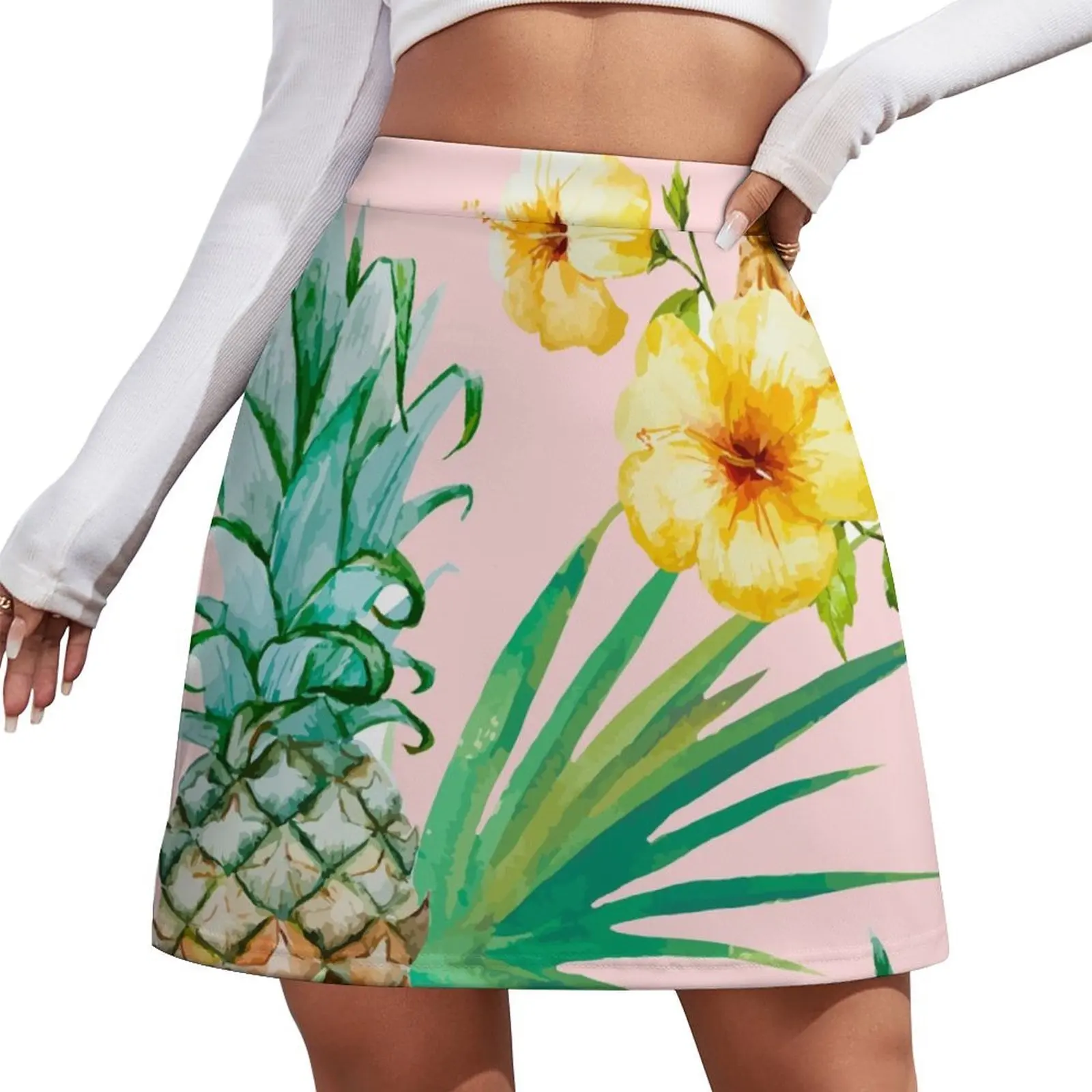 Hawaii Vintage Tropical Botanical Jungle Floral Watercolor Blush Pastel Pineapple Palm Painting Mini Skirt