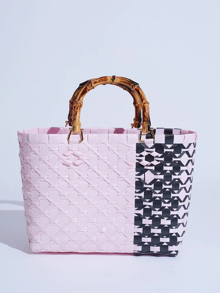 JNMC Splicing Women's Handmade Woven Shopping Handbags And Vegetable Baskets
