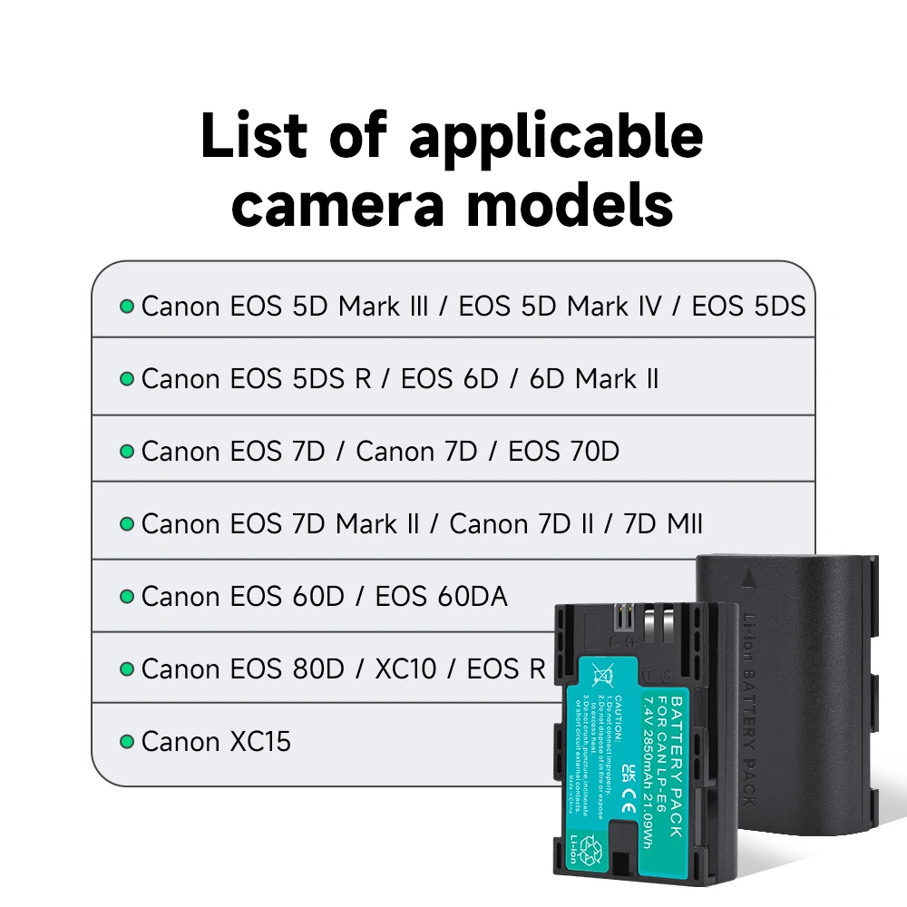 2850mah-lp-e6バッテリー-canon-eos-5d-5ds-mark-ii-2-iii-3-6d-7d-60da-70d-80d-90d用、2スロットlcdバッテリー充電器付き