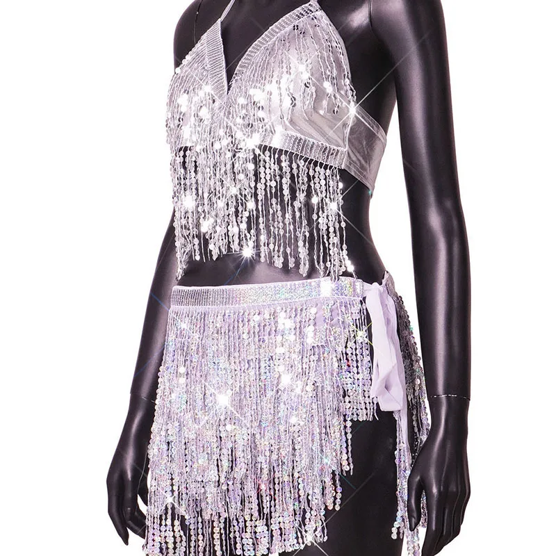 Europe and the United States sequin performance costume top sexy belly dance sequin bra DS nightclub stage sequin fringe clothin