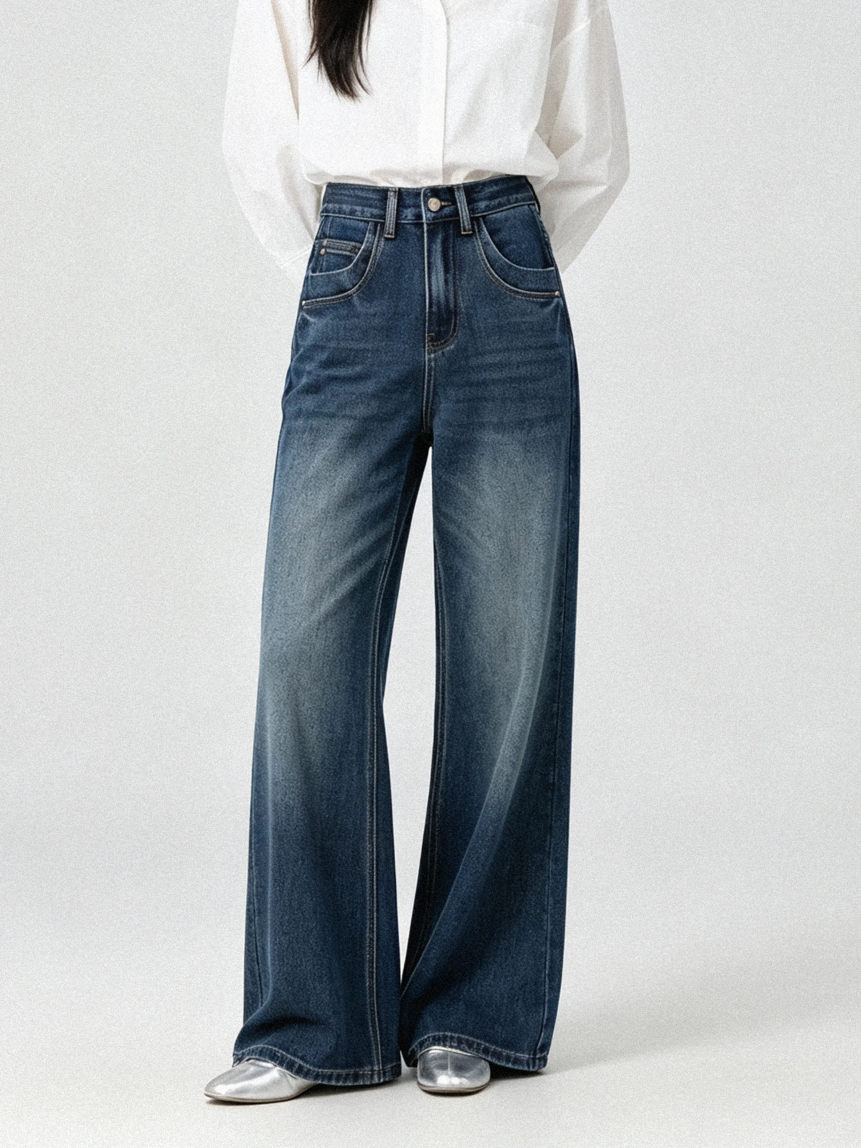 High Waist Deep Blue Vintage Simple Korean Style Jeans Autumn Versatile Slimming Washed Long Pants Hong Kong Style Premium Feel