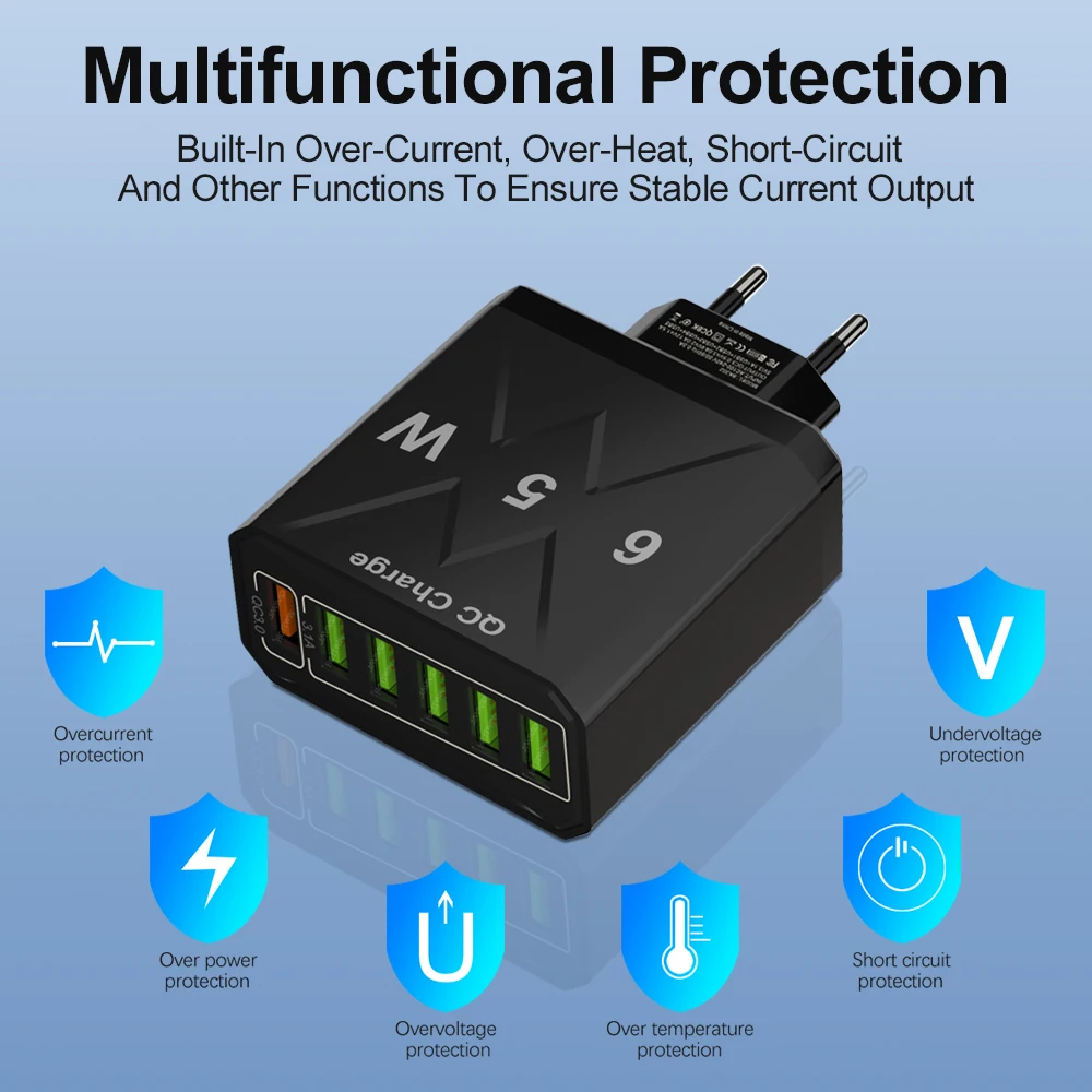 65W 6 Ports USB Fast Charger EU/US/UK Plug Quick Charge 3.0 For iPhone 14 13 Xiaomi Samsung Redmi K60 Travel Mobile Wall Charger image 5