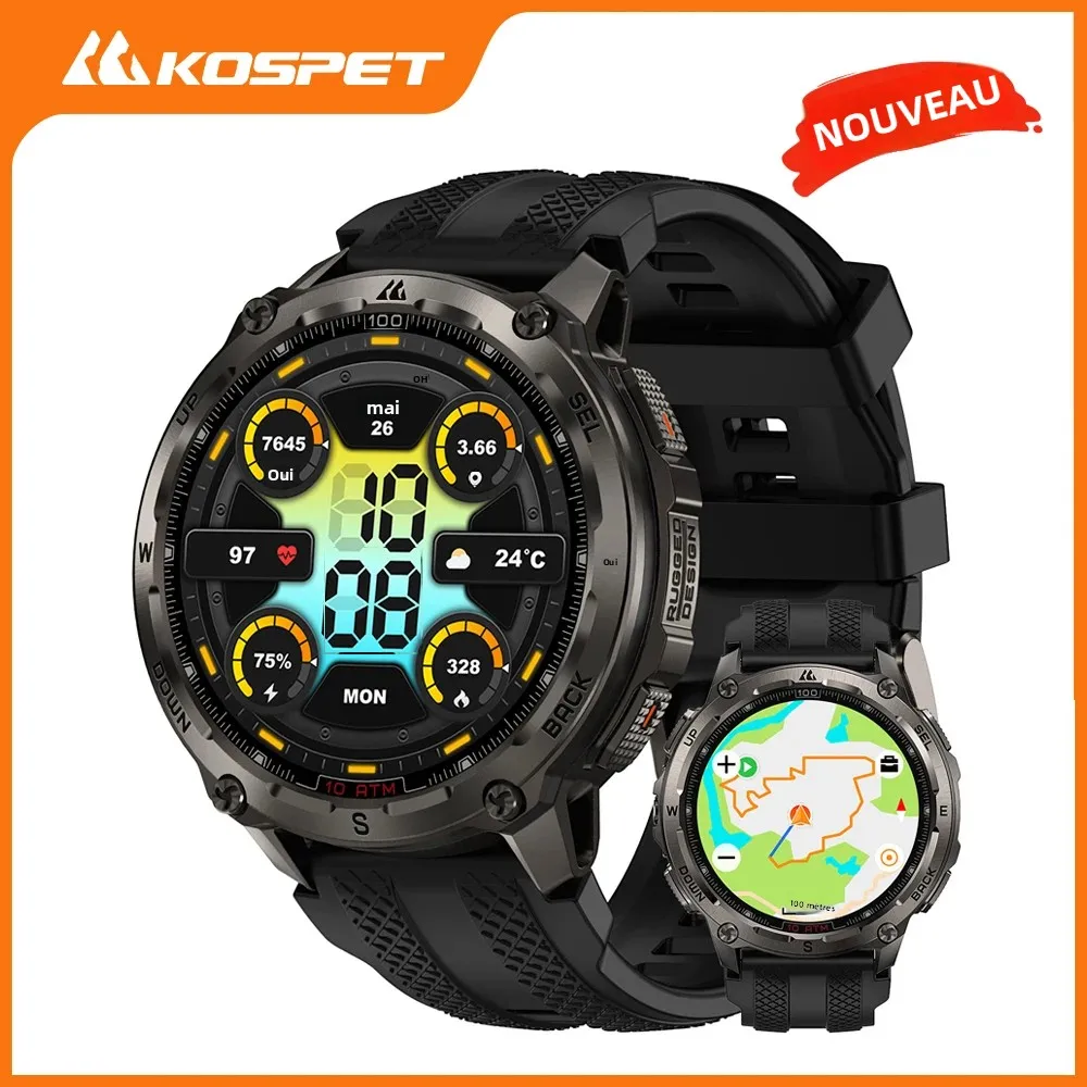 KOSPET Tank T4 montre intelligente robuste pour hommes qualité militaire GPS acier inoxydable 100M étanche 45M apnée 24/7 moniteur de santé