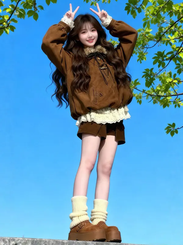 

Unique Retro Faionable Cotton Jaet And Skirt Set Spring 2025 Korean Sle Loose Fit V-Ne Long Sve Regular Thin