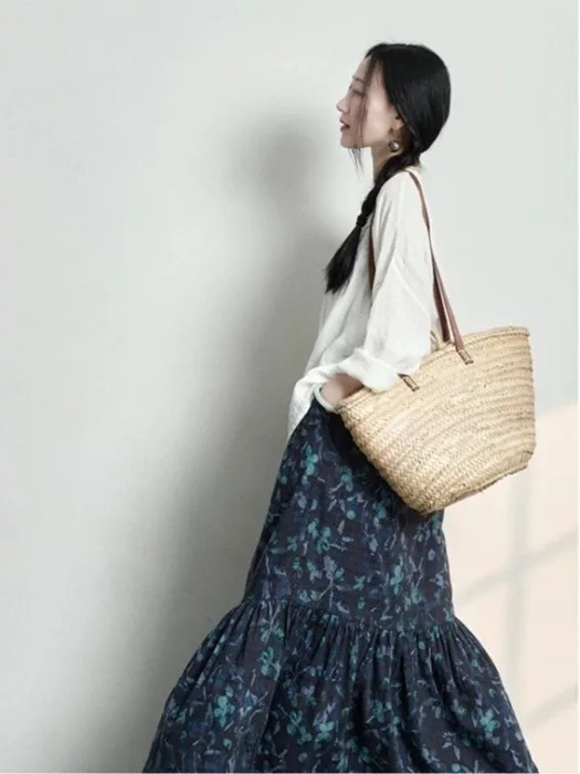 

Elegant Printed Linen Dress Set Loose Fit High Waist Midi Skirt Top Bottom Two Piece Set Fashionable Comfortable Women's Outfit