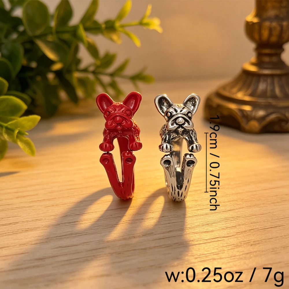 3D French Bulldog Puppy Open Ring Three-Piece Set Red Black Antique Silver Three-Color Adjustable Unisex Decorative Ring Set