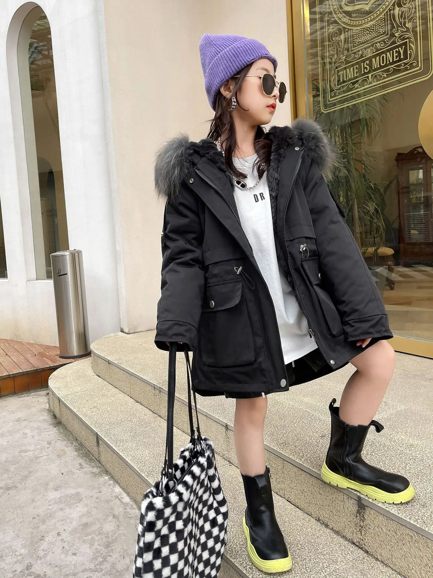 2026 Children's Fur Coat with Removable Sable Rabbit Fur Can Overcome New Style Boys' and Girls' Children's Baby Big Fur Collar