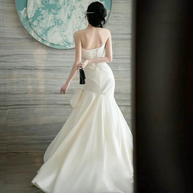 فستان زفاف خفيف من الساتان الفرنسي 2025New زفاف العروس بدون حمالات حورية البحر خروج الحجاب الراقية حجاب استقبال بسيط