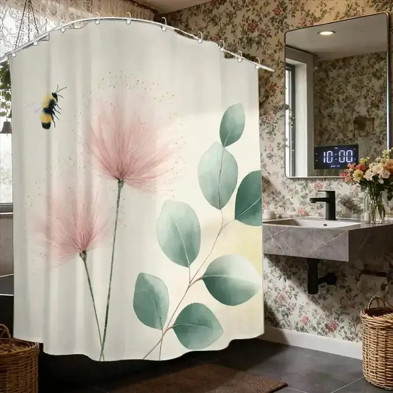 

Watercolor Dandelion & Bee Shower Curtain – Eucalyptus, Soft Pink, 12 Hooks, 70.87×70.87" Waterproof Calming Decor