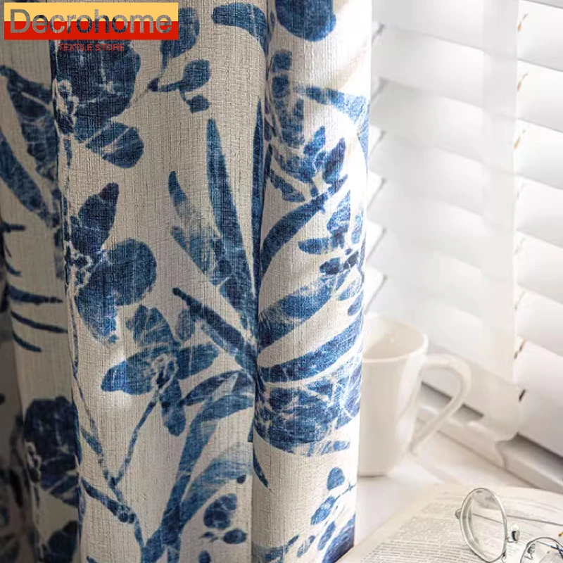 

Blue and White Porcelain Custom Printing Thickened Cotton and Linen Curtains for Living Room Bedroom Bay Window French Window